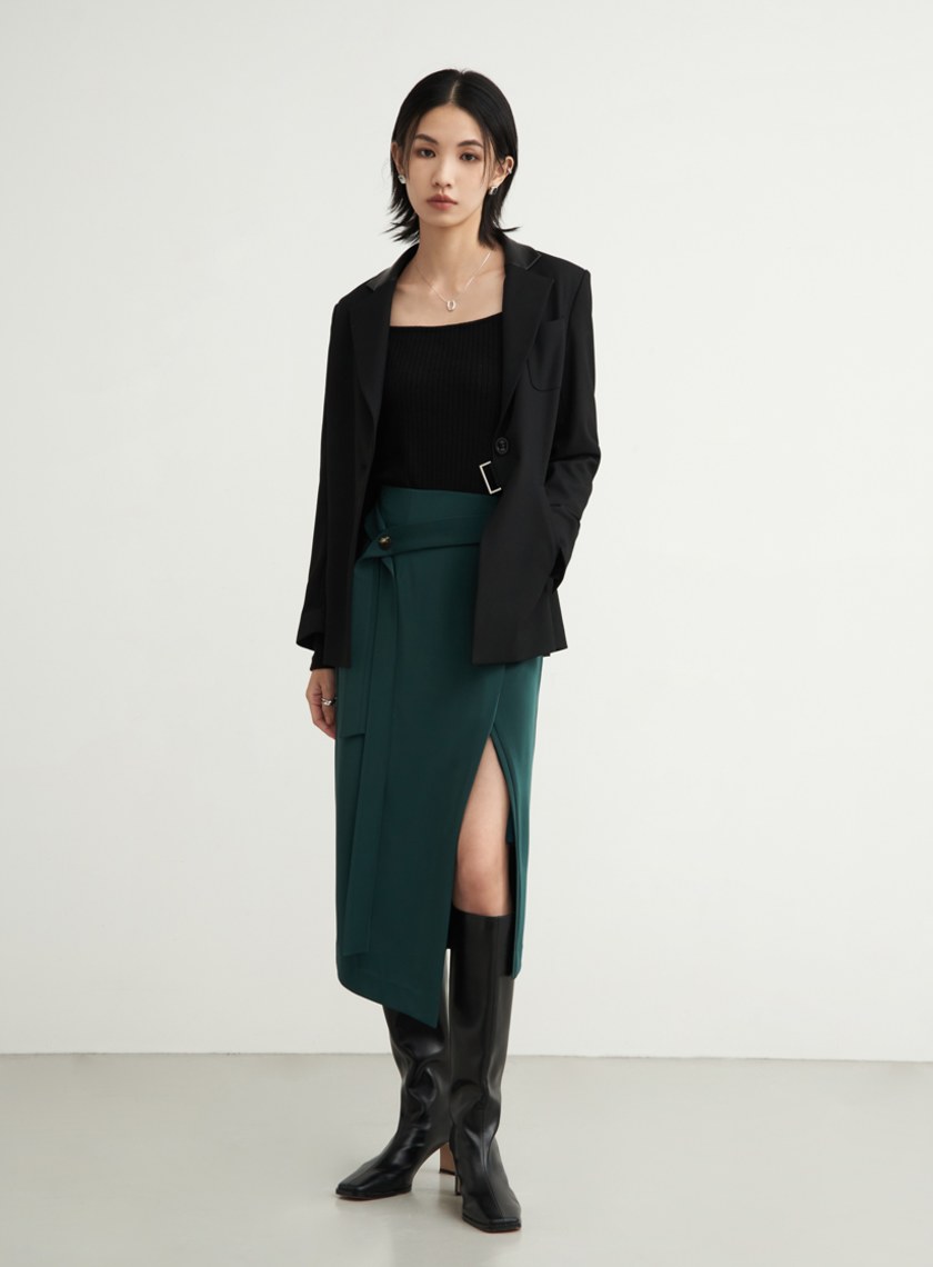 不對稱光澤感綁帶直筒裙